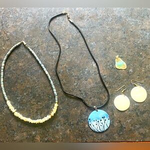 Earthy Jewelery Set with Shells, Abalone Necklaces, Earrings, Pendant